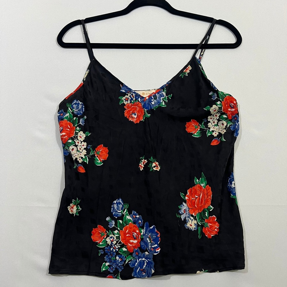 Tory Burch 100% Silk Cami Tank Top Womens Size 6‎ Black Floral Jacquard Camisole